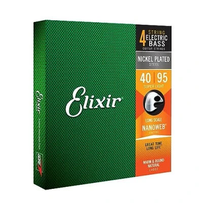 Imagen de Elixir cuerdas para bajo de 4 Strings acero niquelado con recubrimiento NANOWEB, escala larga, calibre superligero, Super Light string set(40 95)