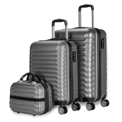 Imagen de NUMADA Juego de Maletas Rígidas 3pzs. Maleta Cabina 53cm, Mediana 63cm y Neceser. Set Viaje ABS Eco Friendly, 4 Ruedas Dobles, Resistentes, Ligeras Seguras (Gris)