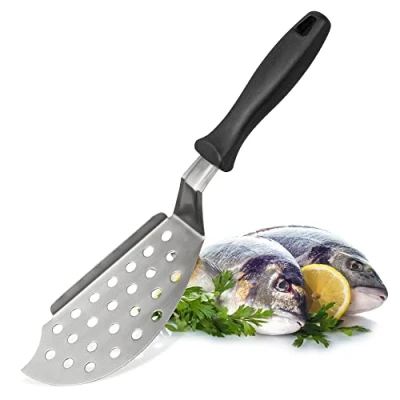 Imagen de FM Professional Paleta Perforada para Pescado, acero inoxidable y mango de poliamida, especial barbacoa apta lavavajillas, color negro, 33x8cm, 1 ud