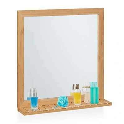 Imagen de Relaxdays Espejo Pared con Balda, Marco de Bambú, 5x60x12 cm, Colgante, Baño, Vestidor y Aseo Invitados, Natural, 61,5 x 60 12 cm Aprox