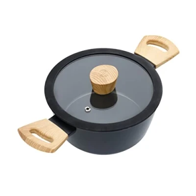 Imagen de MasterChef Cacerola de Cocina, Cazuela Induccion con Mango Madera y Tapa, Olla Antiadherente para Todo Tipo Cocinas, Revestimiento Antirayaduras, Apta Lavavajillas, Aluminio, 20cm, Negro