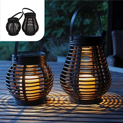 Imagen de Gadgy ® Farolillos decorativos Set Ratán Aspecto 2 Piezas Forme Redondos y Lágrima para Exterior Plástico Marmóreo Marrón LED luz solar Jardín Patio