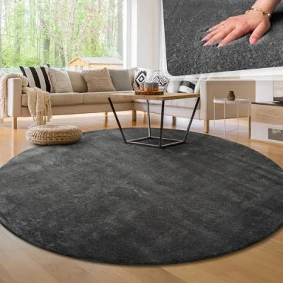 Imagen de Paco Home Alfombra para la Sala de Estar Unicolor Lavable Suave Pila Corta, tamaño:Ø 120 cm Redon, Color:Antracita