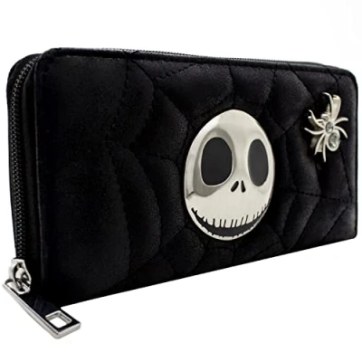Imagen de Nightmare Before Christmas Telaraña Acolchada Emblema Metálico Cartera Clutch Bolsillo para Monedas &amp; Tarjetero, Negro