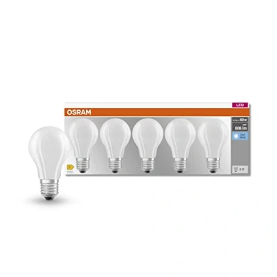 Imagen de OSRAM LED Classic A60, lámparas de filamento esmerilado vidrio para E27, forma bombilla, blanco frío (4000K), 806 lúmenes, reemplazo bombillas convencionales 60W,caja 5
