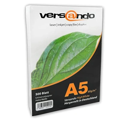 Imagen de versando 2000 folios DIN A5 (148 x 210 mm) papel de impresión ecológico blanco brillante la marca 80 certificado medioambiental universal para impresión, fax, etc g/m²