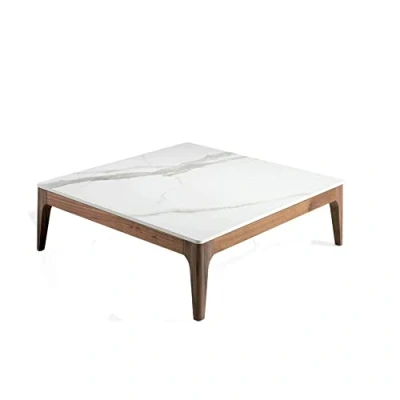 Imagen de Ángel Cerdá Mesa de Centro Cuadrada con Tapa Porcelánico y Estructura Madera en Nogal Estilo Moderno Original Versátil Materiales Resistentes 100 x 30 cm