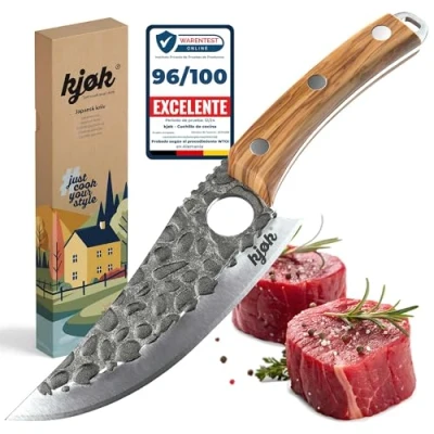 Imagen de kjøk Premium Cuchillo de Cocina Hoja 15cm Estilo Japonés con Orificio y Mango Madera Olivo, Dureza 56±2 HRC, Chef para Exterior, Parrilla BBQ, Asiático Afilado