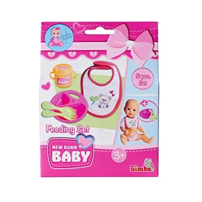 Imagen de Simba 105560016 New Born Baby Alimentador Set de Accesorios para muñecas 30 43 cm, 5 Piezas, Platos, cucharas, Tenedores, Baberos y Vasos Aprender a Beber, Partir 3 años