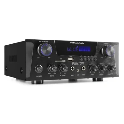 Imagen de Fenton AV340B Amplificador de Audio HiFi 600 vatios, transmisión Bluetooth, Radio FM, función MP3, Reproductor SD/USB, Karaoke, 2 entradas micrófono, Ideal para Color Negro
