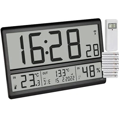 Imagen de TFA Dostmann Reloj de pared digital XL 60.4523.01, con temperatura exterior y clima interior, radio, indicador 24 horas, fecha completa, color negro pilas
