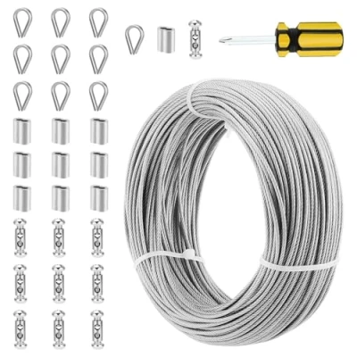 Imagen de SYUTBOU cable de alambre 2 mm, 70 m acero inoxidable 304, con manguitos aluminio y cuerda alambre, tensora para exteriores, tendedero