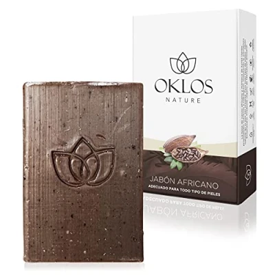 Imagen de Oklos Jabón Negro Africano, para Todo Tipo de Pieles, Artesanal, Orgánico y Vegano, Facial Corporal Limpia, Nutre, Hidrata Combate Manchas Acné 100g