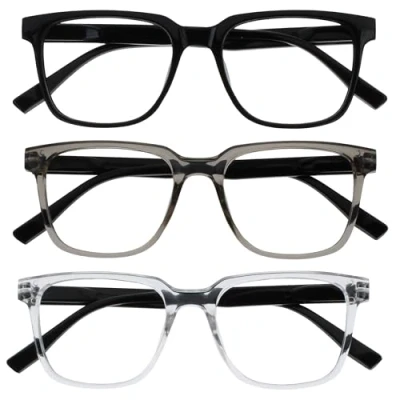Imagen de OPULIZE LEO Gafas de Lectura Pack 3 Montura Rectangular Grande Negro, Gris, Transparante Hombre Mujer Bisagras Muelle RRR55 17C +1.50