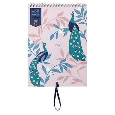 Imagen de Busy B Calendario Parejas Enero a Diciembre 2024 Peacocks Planificador anual slim para dos con columnas, bolsillos mensuales y pegatinas