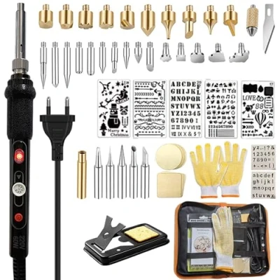 Imagen de Juego de soldador para pirograbado, 60 W, temperatura ajustable, 200 450 C, pistón combustión madera, cuero, grabado, bricolaje, arte, soldadura, escultura madera.