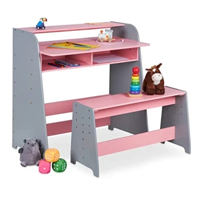 Imagen de Relaxdays Kindertisch höhenverstellbar Mesa y Banco Infantil, 2 Compartimentos, Escritorio Regulable en Altura Niños, 88 x 90 48 cm, Rosa/Gris, Tablero de Fibras
