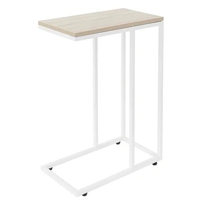 Imagen de ML Design Mesa Auxiliar en Forma de C Roble Blanco 45 x 25 64 cm Metal y Madera Mesita Centro para Salón o Dormitorio Diseño Industrial Mesilla Lateral Cama/Sofá Café Ordenador