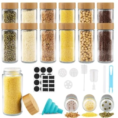 Imagen de Vexillic Botes Especias Cristal, 12pcs Tarros 120ml Frascos Especiarias con Tapa Spice Jars incluir Embudo Tamiz Cepillo Limpieza Etiquetas Bolígrafo (Cuadrado)