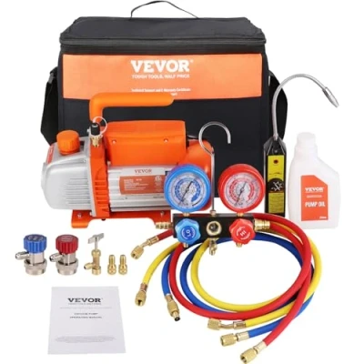 Imagen de VEVOR Bomba de Vacío Aire Acondicionado 113 L/min Refrigeración HVAC 180 W con Manómetros Múltiples Kit Manguera Tricolor 1450 rpm para