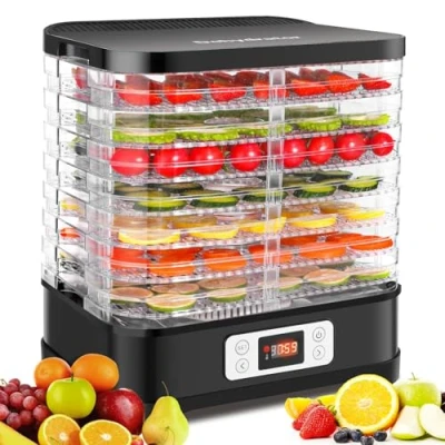 Imagen de deshidratador MEYKEY de acero inoxidable, con 8 compartimentos 400W, secador para frutas, carnes y hierbas hojas deshidratantes silicona antiadherentes, 30 70C, temporizador 72h