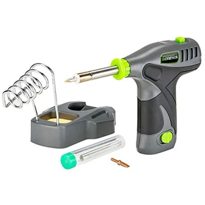 Imagen de Genesis GLSI08 Soldador inalámbrico de iones litio 8 V con soporte hierro, alambre soldadura, punta fina, cincel, batería recargable extraíble, cargador