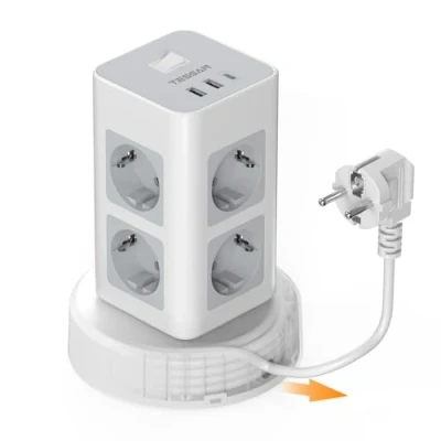 Imagen de TESSAN Regleta Enchufes con USB C, 11 en 1 Ladron Interruptor, Alargador Enchufe Cable de Extensión Retráctil 2M, Multiple 2500W, Torre Vertical para Hogar, Cocina