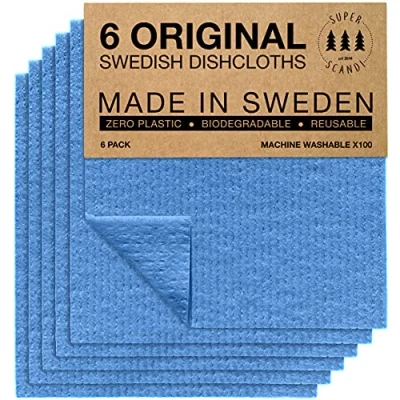 Imagen de SUPERSCANDI Bayeta Sueca Super Absorbente, Reutilizable Y Ecologica Paños De Cocina Biodegradables Celulosa Algodón Trapo Cocina, Limpieza Pack x6, Azul