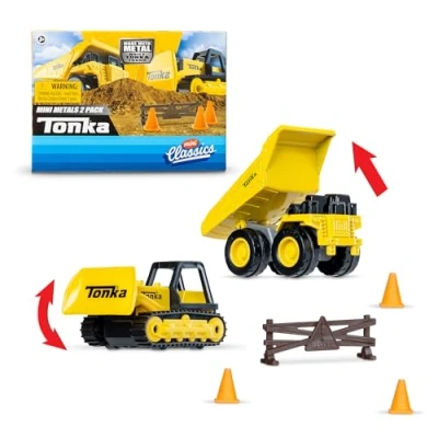 Imagen de Mini Clásicos Tonka Pack de 2 (Metal Movers Camión Volquete y Bulldozer con 3 Conos Tráfico Valla Barricada)
