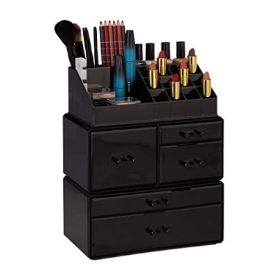 Imagen de Relaxdays Organizador de Maquillaje con 21 Compartimentos, Fibra Acrílica, Negro, 29.5x23.5x14 cm, 29,5 x 23,5 14 cm