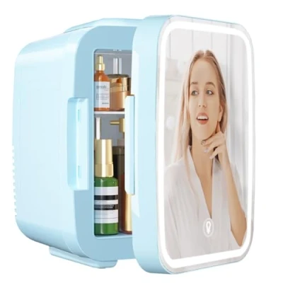 Imagen de YASHE Mini Nevera para Dormitorio, Skincare con Espejo LED, Pequeña de 4L Portátil, Calentador y Enfriador Termoeléctrico 220V AC / 12V DC Coche, Oficina, Dormitorio (Azul)