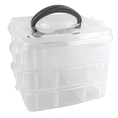 Imagen de Ideen mit Herz Caja de almacenamiento con tapa y asa 18 compartimentos transparente 16,5 x 15,5 13 cm 3 niveles 6 cada uno clasificadora para piezas pequeñas,