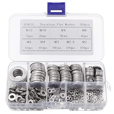 Imagen de Belle Vous Arandelas Acero Inoxidable Planas con Estuche de Almacenamiento (580 Piezas) 9 Tamaños Variados M2 / M2,5 M3 M4 M5 M6 M8 M10 y M12 Reparaciones, Fabricas, Decorar el Hogar