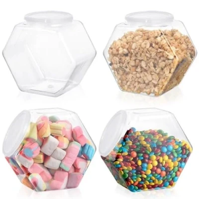 Imagen de Stakee Frascos Hexagonales De Plástico para Dulces, 4 Uds., Tarros Galletas con Tapas, Contenedor Alimentos Reutilizable Ancha, Almacenamiento