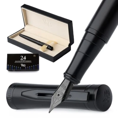 Imagen de Wordsworth &amp; Black Juego de Pluma Estilográfica, Punta Fina, Incluye 24 Cartuchos Tinta, Convertidor Recarga Tinta y Caja Regalo, Caligrafía, [Todo Negro], Perfecto para Hombres Mujeres