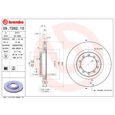 Imagen de BREMBO 09.7262.10 Disco de freno 290 22 5 ventilación interna altamente carbonizado RENAULT: Mascott Furgón, Master Pro Furgón