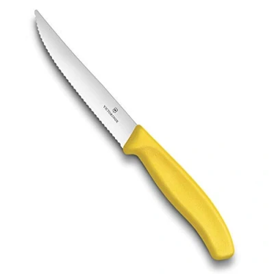 Imagen de Victorinox Swiss Classic, cuchillo profesional para bistec y pizza, hoja extra afilada, filo dentado, 12 cm, mango de plástico, acero inoxidable, amarillo