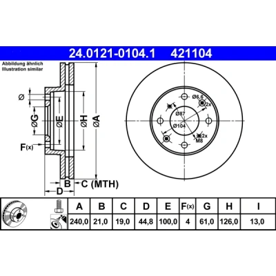 Imagen de ATE 24.0121 0104.1 Disco de freno 240,0 21,0 4 100,0 ventilado revestido con tornillos HONDA: CIVIC 6 Hatchback, V Coupe