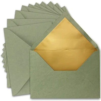 Imagen de 75 sobres DIN C5, 15,6 x 22 cm, de papel kraft en verde con forro seda dorado, pegado húmedo, la serie UmWelt