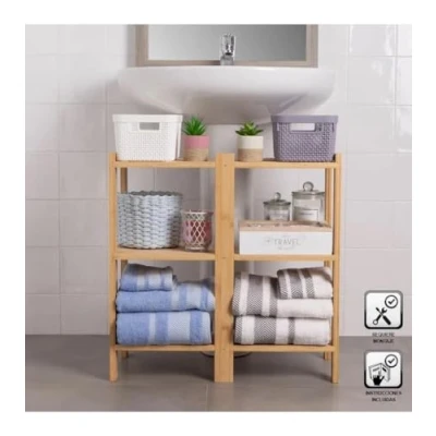 Imagen de LOLAhome Mueble bajo Lavabo pie con 3 estantes de bambú Natural 60x30x60 cm