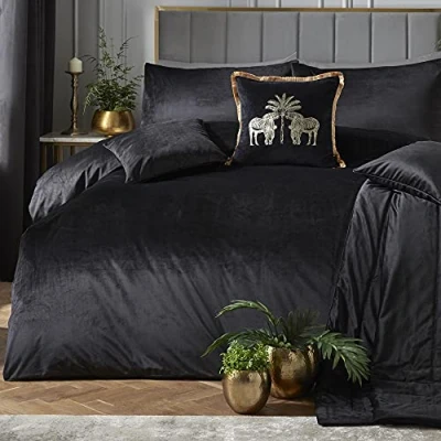 Imagen de Laurence Llewelyn Bowen Montrose Juego de Funda edredón y Almohada Terciopelo Lujo, tamaño Doble Color Negro