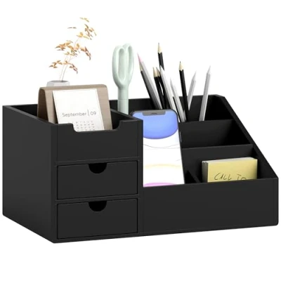 Imagen de HOMCOM Organizador de Escritorio Bambú Mesa con 2 Cajones 6 Compartimentos y Estante para Oficina Hogar 33x20,5x15,5 cm Negro