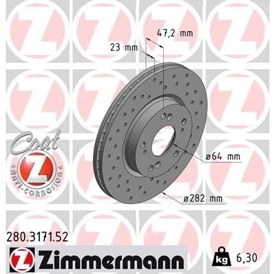 Imagen de ZIMMERMANN SPORT COAT Z 280.3171.52 Disco de freno 282 23 9/5 5 114 ventilación interna, perforado revestido HONDA: CIVIC 8 Hatchback, FR V,