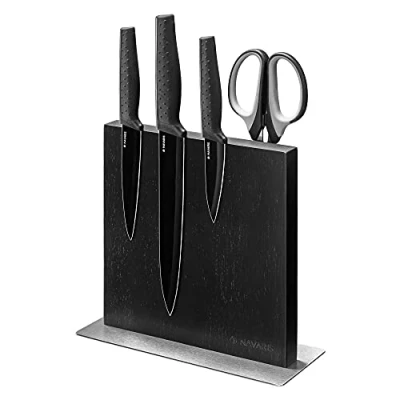 Imagen de Navaris Soporte magnético para Cuchillos Bloque de Doble Lado Madera Genuina Caucho Cocina Base magnética Antideslizante