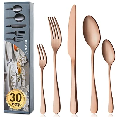 Imagen de BEWOS Juego de cubiertos para 6 personas, 30 oro rosa mate, incluye cuchillo, tenedor, cuchara, acero inoxidable, apto lavavajillas
