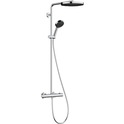 Imagen de hansgrohe Pulsify S Puro sistema de ducha con termostato, lluvia (260 mm) grifo, mano (3 tipos chorro), flexo, barra, fija redonda, cromo, 24236000
