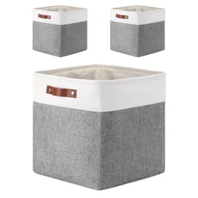 Imagen de Mangata Kallax Cajas de almacenamiento, juego 3 cubos almacenamiento tela con asas (33 x 38 33 cm, color gris y blanco)