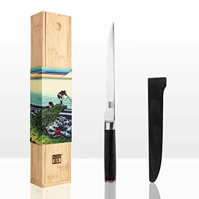 Imagen de KOTAI Cuchillo de pescado Hoja flexible 20 cm Ideal para Filetear el Afilado y forjado a mano Acero inoxidable japonés 440C Mango madera pakka Tang oculto completo
