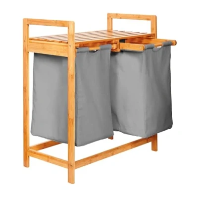 Imagen de Lumaland cesto de ropa sucia bambú con 2 bolsas extensibles Tamaño aprox. 73 cm alto x 64 ancho 33 profundidad [Gris Oscuro]