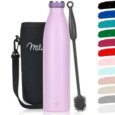 Imagen de Milu botella de acero inoxidable 350ml 500ml 750 ml 1 L 1,5 agua aislada, termo a prueba fugas, doble pared, apta para ácido carbónico + cepillo limpieza (Lilac, 1L)